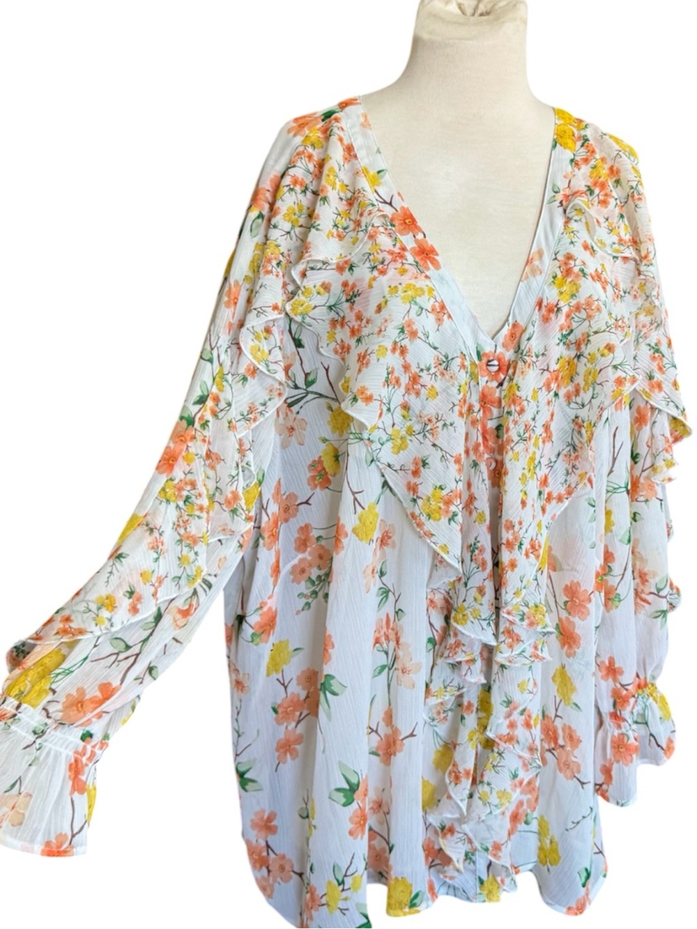 C Est 1946 Fall Transition Floral Ruffle Front V-Neck Blouse Cottagecore